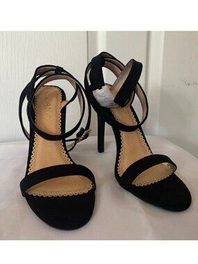 LILIANA Black suede Leather GOLD Rhinestone Strap Stiletto Heels Pump Shoes *8M*